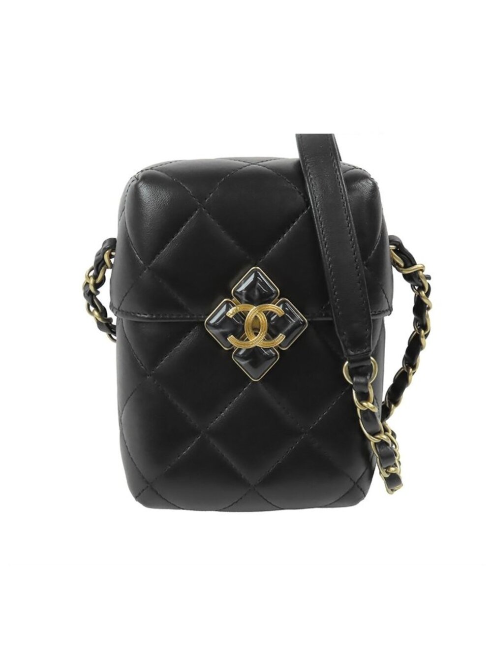 Chanel Chain Shoulder Bag Black Gold Lambskin Box Quilted